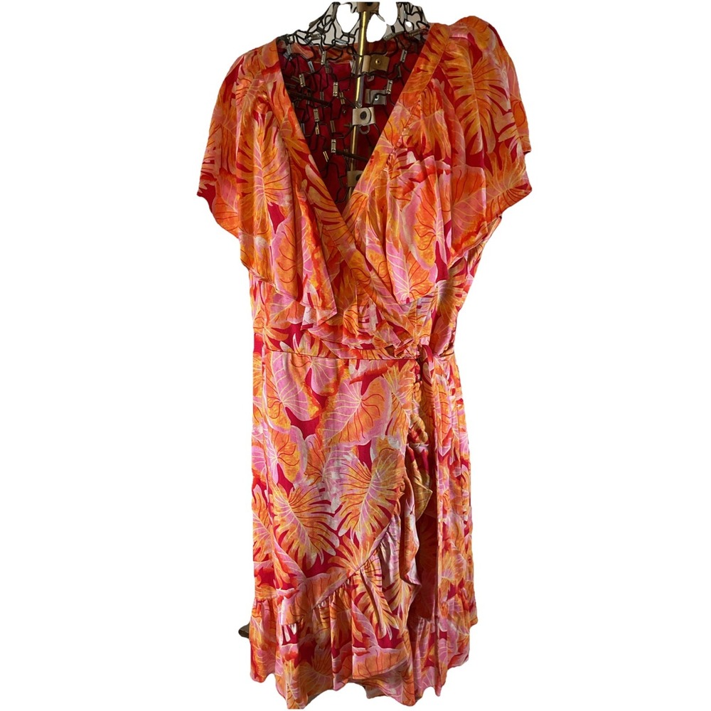 Gibson Latimer Linen Printed Ruffle Cap Sleeve Surplice‎ V-Neck Wrap Dress L69